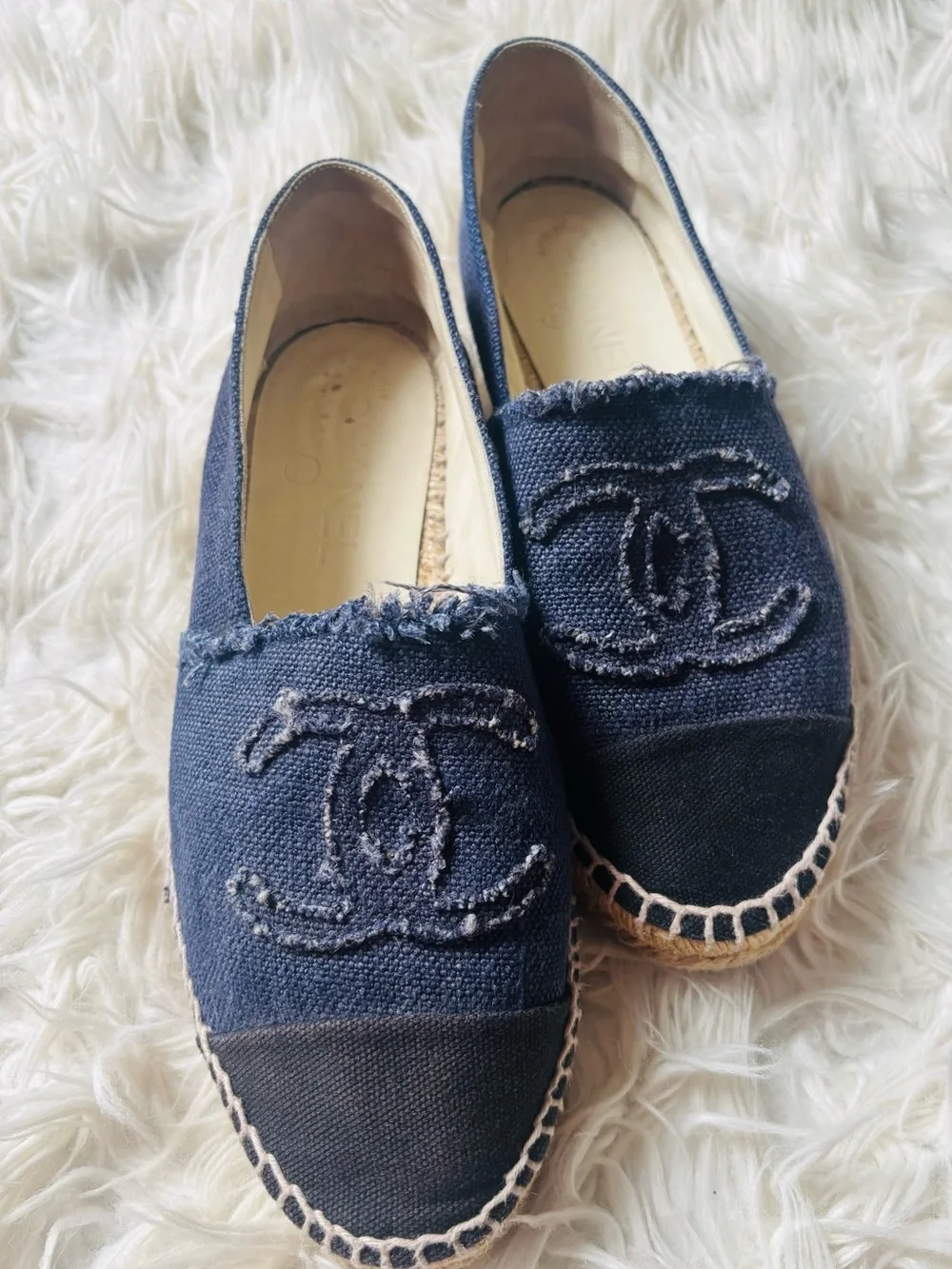CHANEL Navy Denim & Black Cap-Toe Espadrille Flats